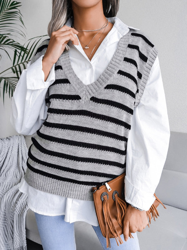 Blue Zone Planet |  V-neck stripe knitting vest sweater BLUE ZONE PLANET