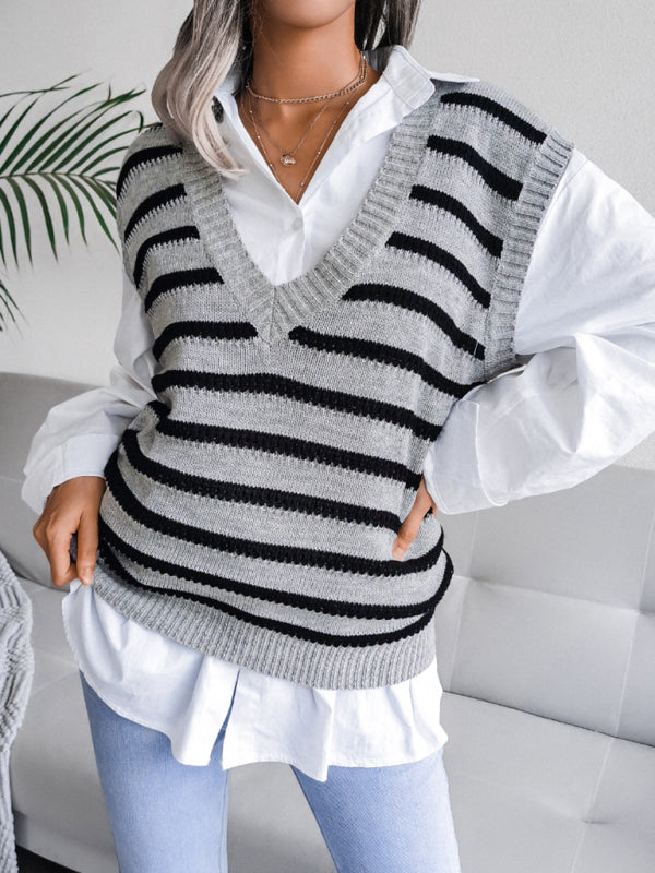 Blue Zone Planet |  V-neck stripe knitting vest sweater BLUE ZONE PLANET