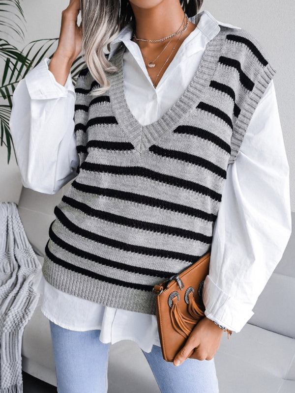 Blue Zone Planet |  V-neck stripe knitting vest sweater BLUE ZONE PLANET