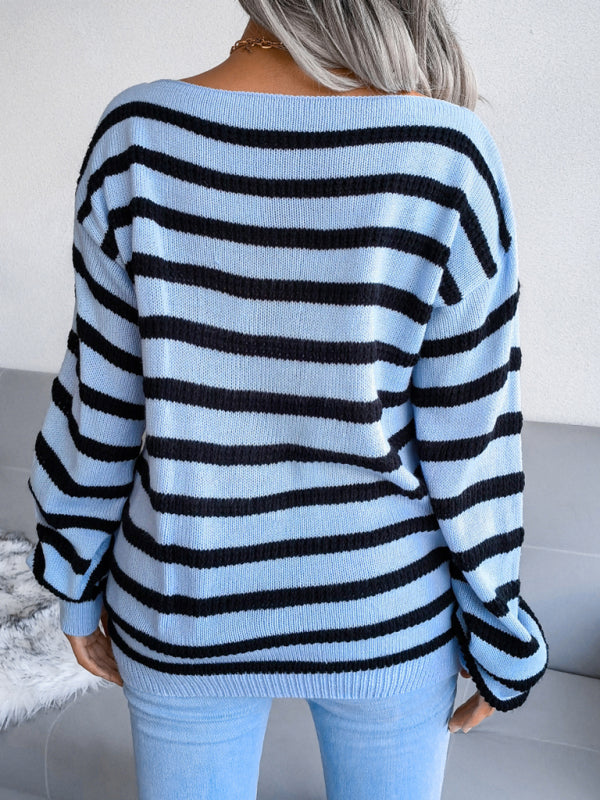 Blue Zone Planet |  straight neck off shoulder loose stripe knitted sweater BLUE ZONE PLANET