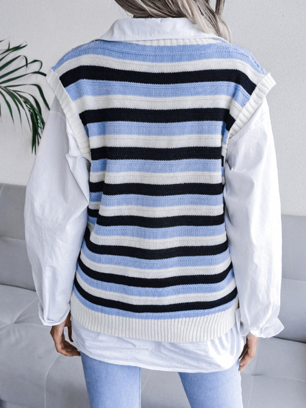 Blue Zone Planet |  Daisy's V-neck hollow stripe vest sweater BLUE ZONE PLANET