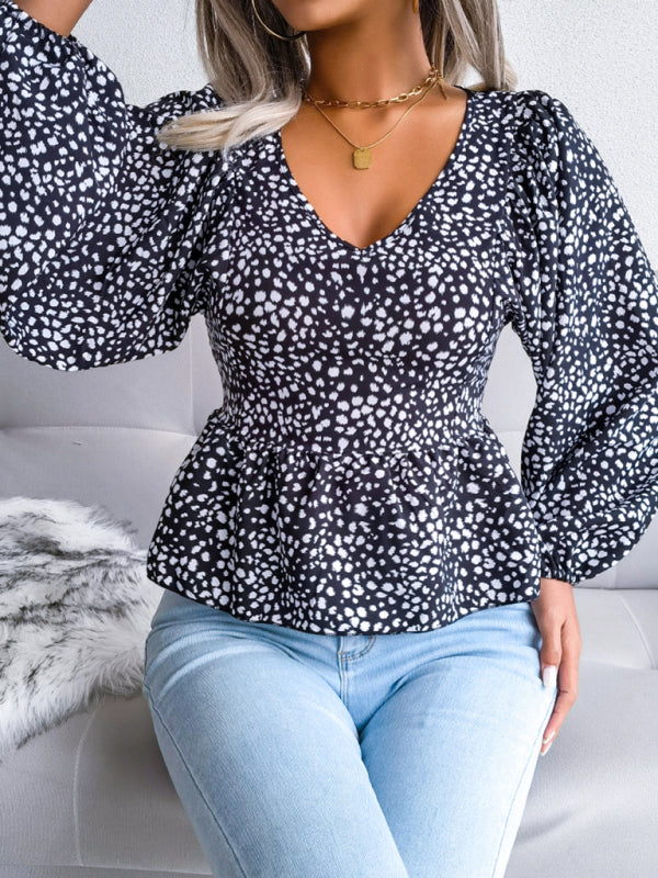 Blue Zone Planet |  Women's Lantern long sleeve leopard Chiffon Shirt Top BLUE ZONE PLANET