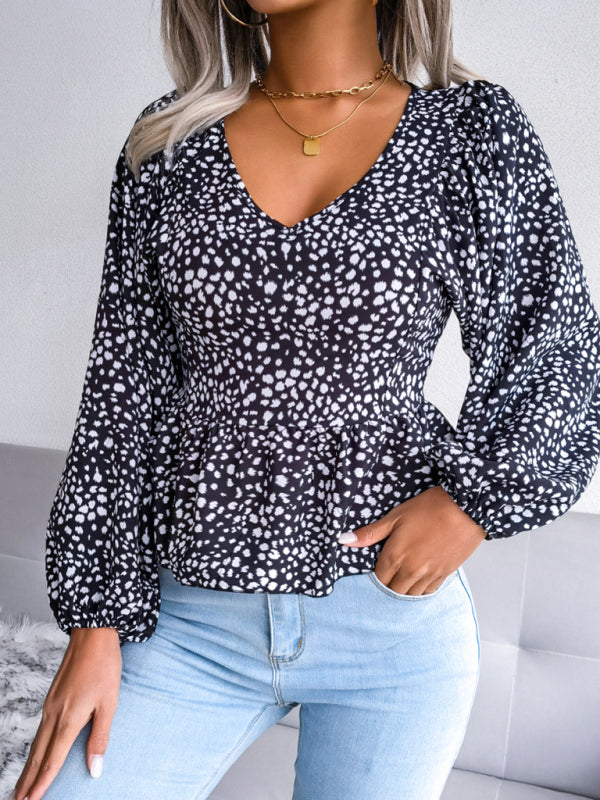 Blue Zone Planet |  Women's Lantern long sleeve leopard Chiffon Shirt Top BLUE ZONE PLANET