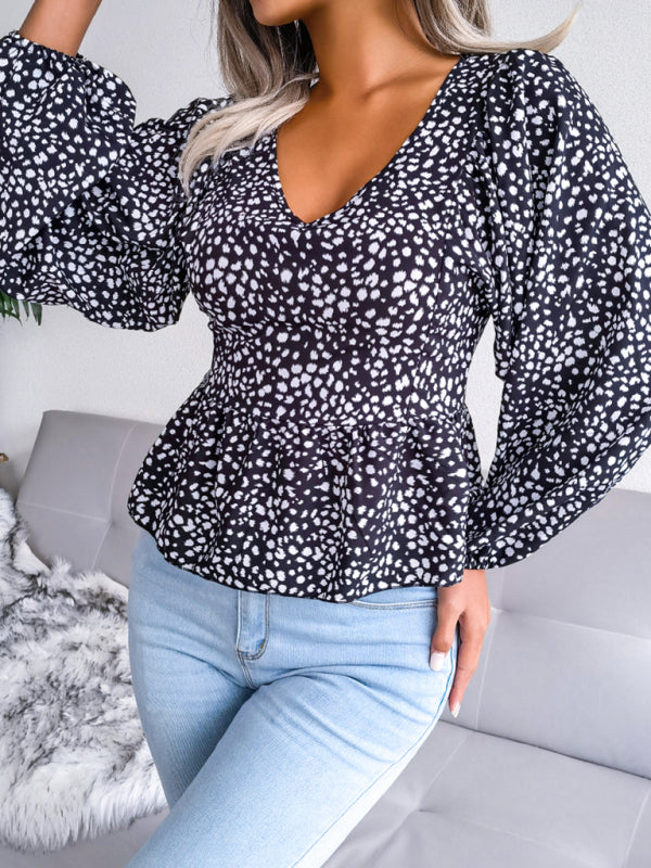 Blue Zone Planet |  Women's Lantern long sleeve leopard Chiffon Shirt Top BLUE ZONE PLANET