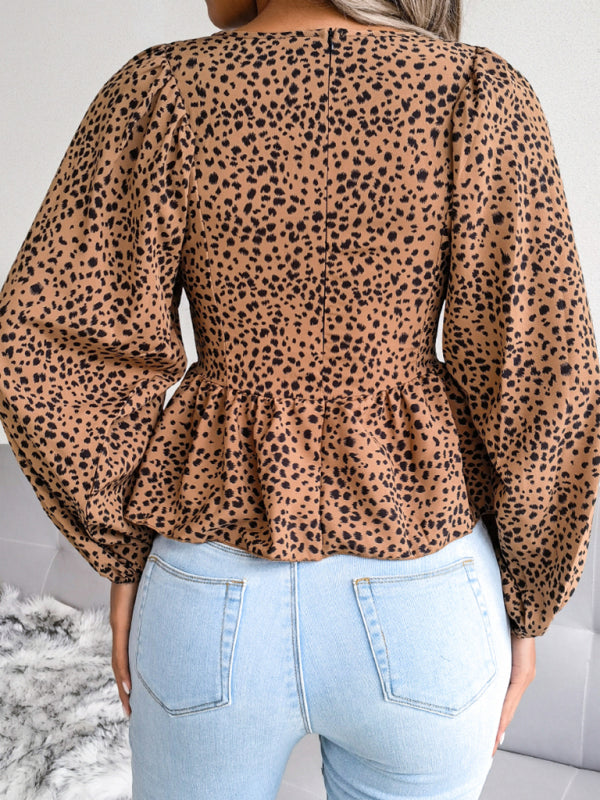 Blue Zone Planet |  Women's Lantern long sleeve leopard Chiffon Shirt Top BLUE ZONE PLANET