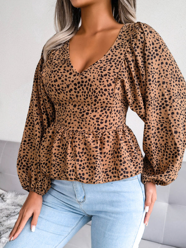 Blue Zone Planet |  Women's Lantern long sleeve leopard Chiffon Shirt Top BLUE ZONE PLANET