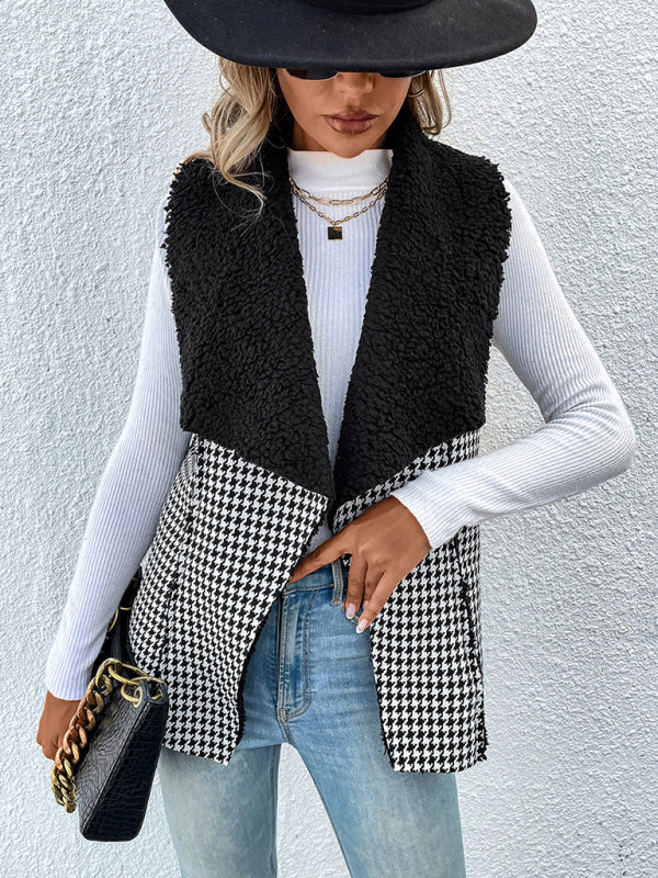 Blue Zone Planet |  Woman'S Autumn And Winter Temperament Imitation Lamb Wool Stitching Houndstooth Coat Vest BLUE ZONE PLANET