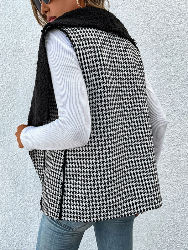 Blue Zone Planet |  Woman'S Autumn And Winter Temperament Imitation Lamb Wool Stitching Houndstooth Coat Vest BLUE ZONE PLANET