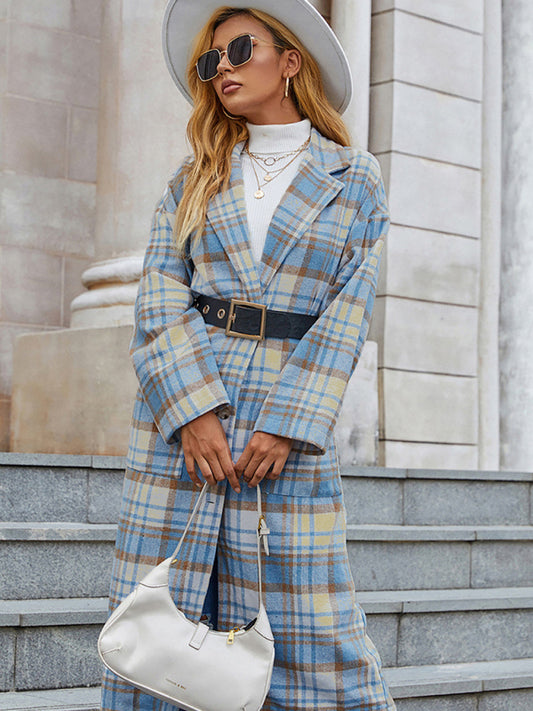 Woman'S Autumn Blue And White Plaid Long Sleeve Pocket Cardigan Trench Coat