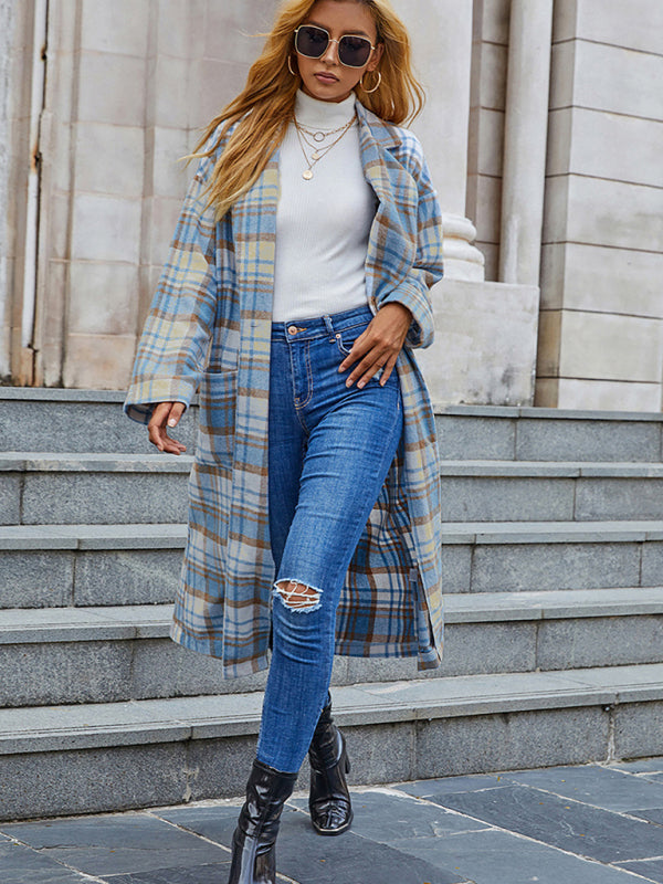 Blue Zone Planet |  Woman'S Autumn Blue And White Plaid Long Sleeve Pocket Cardigan Trench Coat BLUE ZONE PLANET
