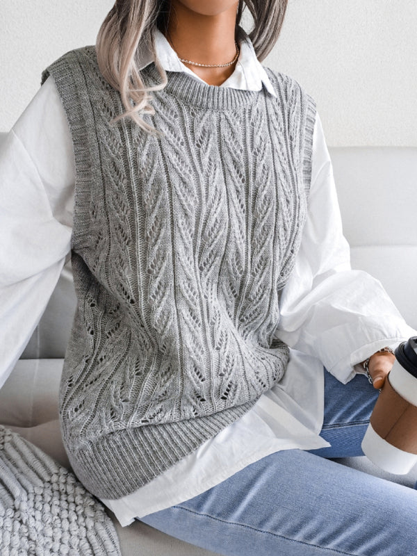 Blue Zone Planet | round neck hollow leaf casual knitted vest sweater BLUE ZONE PLANET