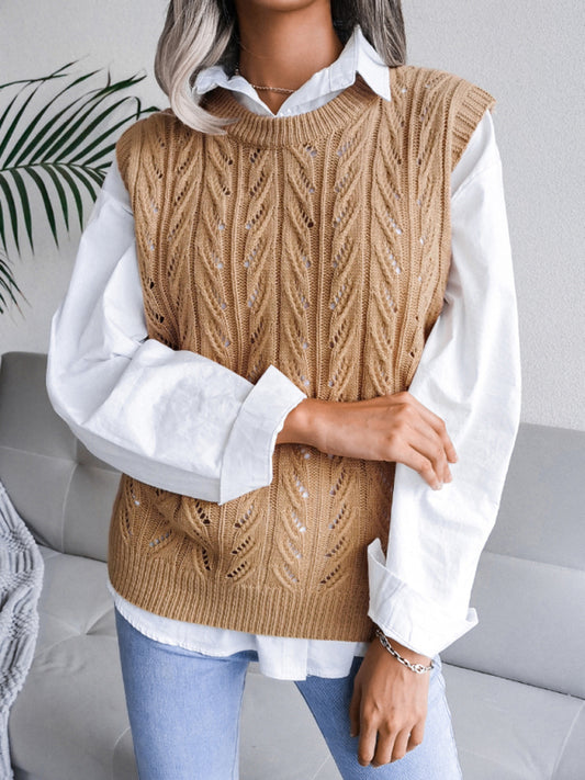 Blue Zone Planet | round neck hollow leaf casual knitted vest sweater BLUE ZONE PLANET