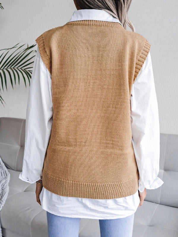 Blue Zone Planet | round neck hollow leaf casual knitted vest sweater BLUE ZONE PLANET