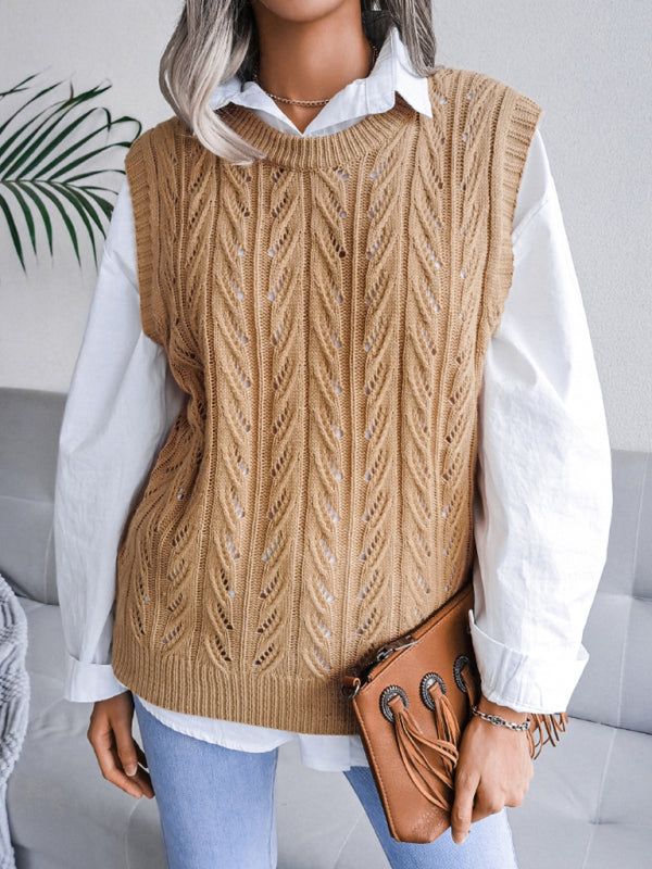 Blue Zone Planet | round neck hollow leaf casual knitted vest sweater BLUE ZONE PLANET