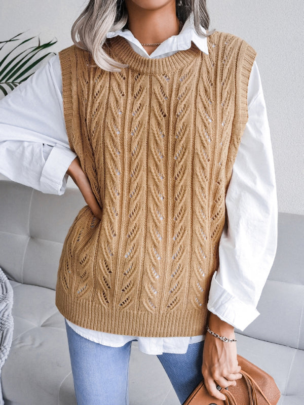 Blue Zone Planet | round neck hollow leaf casual knitted vest sweater BLUE ZONE PLANET