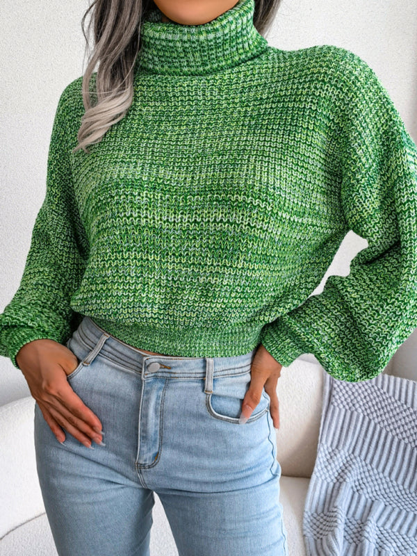 Women's Lantern long sleeve high neck knitted sweater-[Adult]-[Female]-Green-S-2022 Online Blue Zone Planet