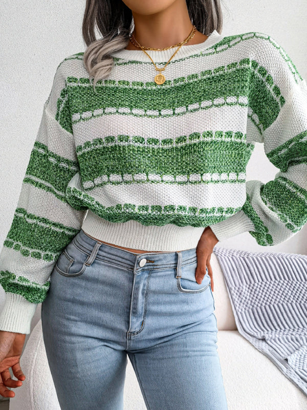 Women's fashion contrast color long sleeve knitted sweater-[Adult]-[Female]-Green-S-2022 Online Blue Zone Planet