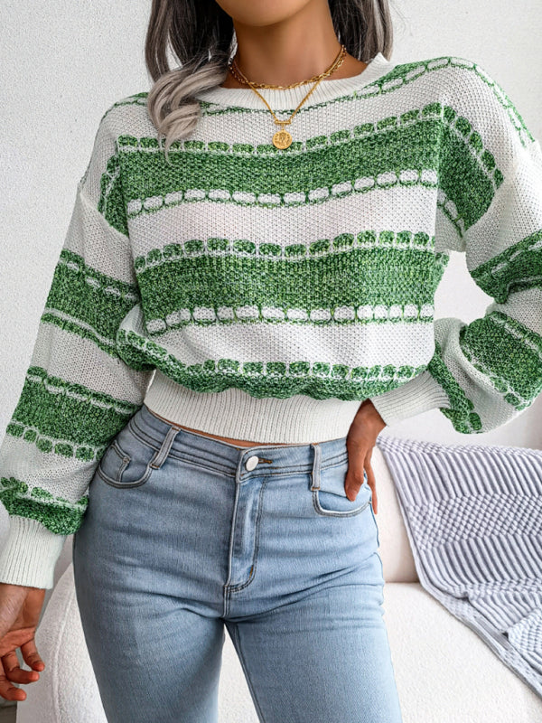 Women's fashion contrast color long sleeve knitted sweater-[Adult]-[Female]-Green-S-2022 Online Blue Zone Planet