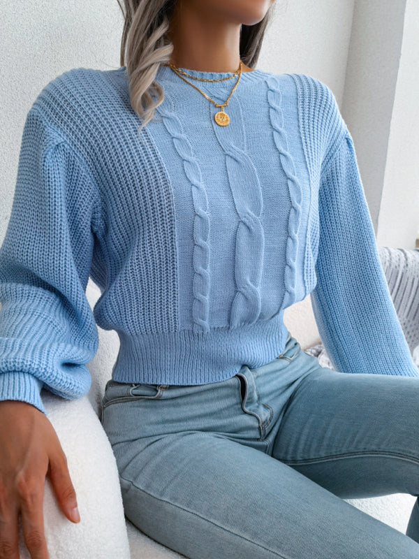 Women's leisure fried dough twist Lantern Sleeve waist knit sweater-[Adult]-[Female]-2022 Online Blue Zone Planet