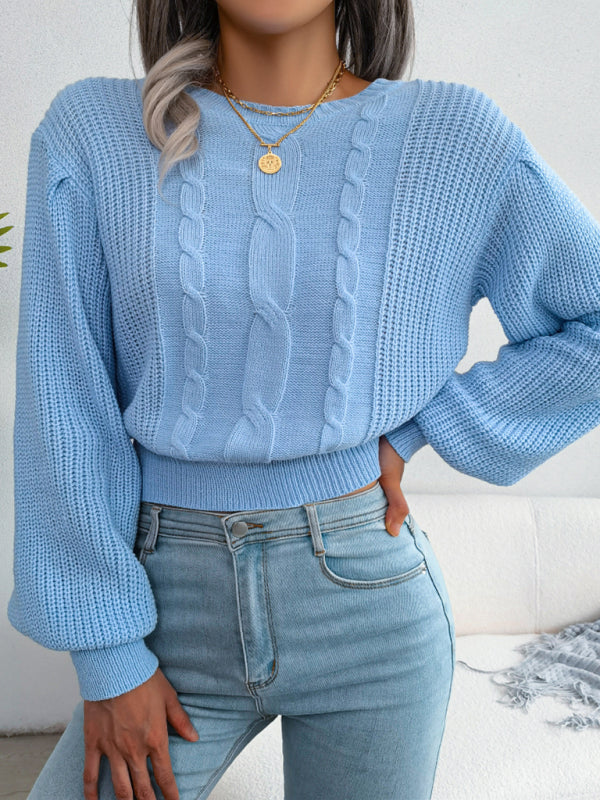 Women's leisure fried dough twist Lantern Sleeve waist knit sweater-[Adult]-[Female]-Blue-S-2022 Online Blue Zone Planet