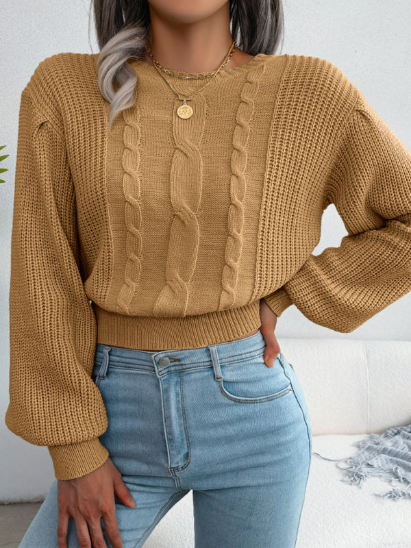 Women's leisure fried dough twist Lantern Sleeve waist knit sweater-[Adult]-[Female]-Khaki-S-2022 Online Blue Zone Planet
