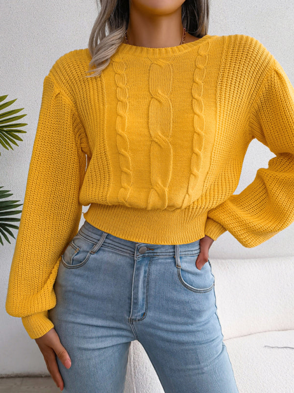 Women's leisure fried dough twist Lantern Sleeve waist knit sweater-[Adult]-[Female]-Yellow-S-2022 Online Blue Zone Planet