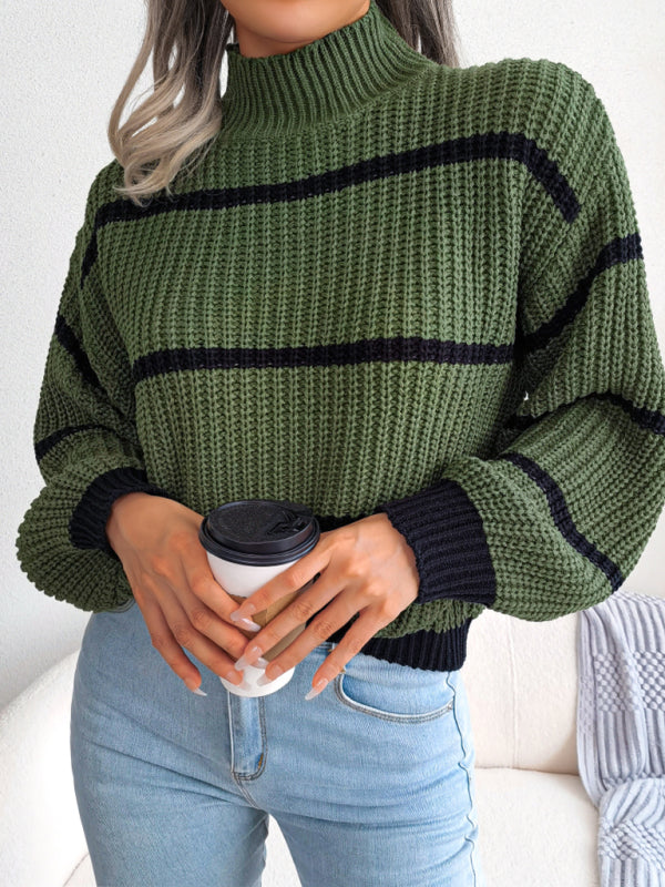 Women's stripe Lantern Sleeve half high neck knitted sweater-[Adult]-[Female]-Olive green-S-2022 Online Blue Zone Planet