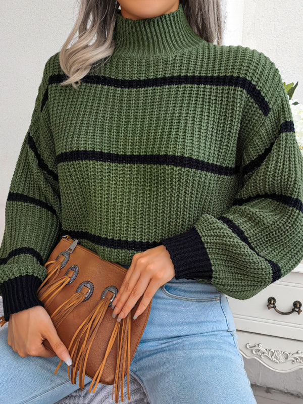 Women's stripe Lantern Sleeve half high neck knitted sweater-[Adult]-[Female]-2022 Online Blue Zone Planet