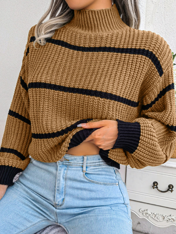 Women's stripe Lantern Sleeve half high neck knitted sweater-[Adult]-[Female]-Khaki-S-2022 Online Blue Zone Planet