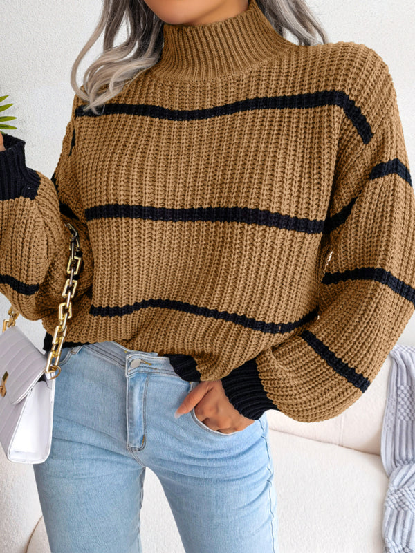 Women's stripe Lantern Sleeve half high neck knitted sweater-[Adult]-[Female]-Olive green-S-2022 Online Blue Zone Planet