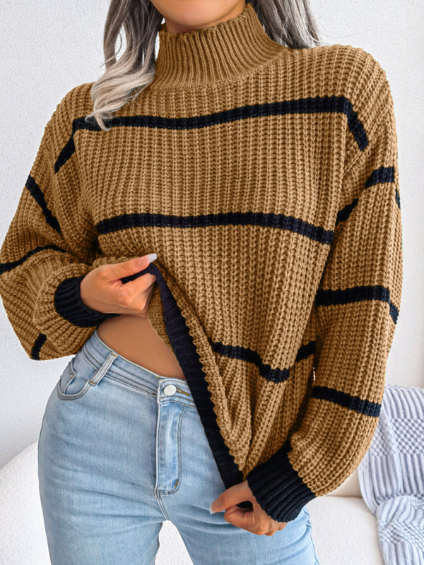 Women's stripe Lantern Sleeve half high neck knitted sweater-[Adult]-[Female]-Khaki-S-2022 Online Blue Zone Planet