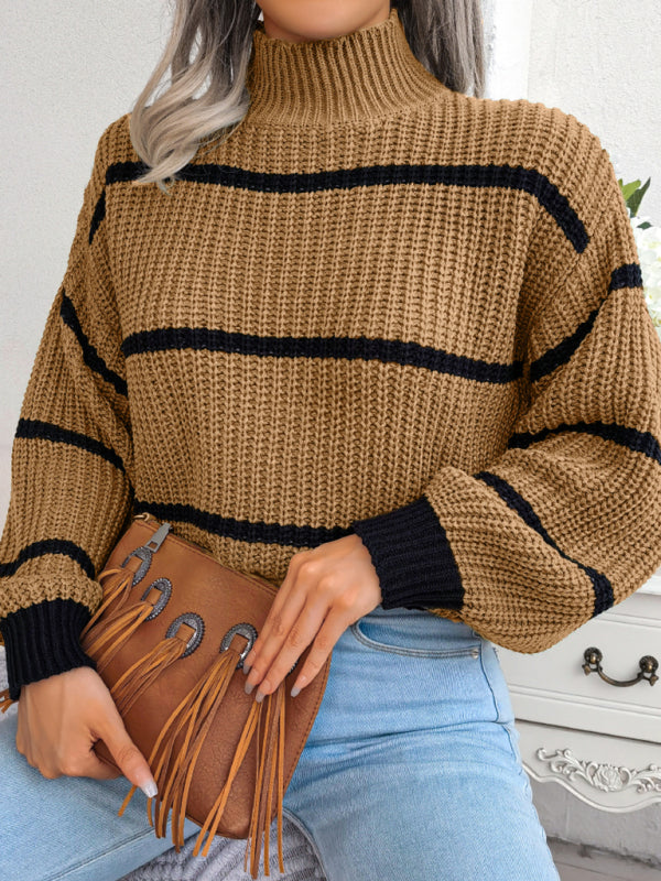 Women's stripe Lantern Sleeve half high neck knitted sweater-[Adult]-[Female]-2022 Online Blue Zone Planet