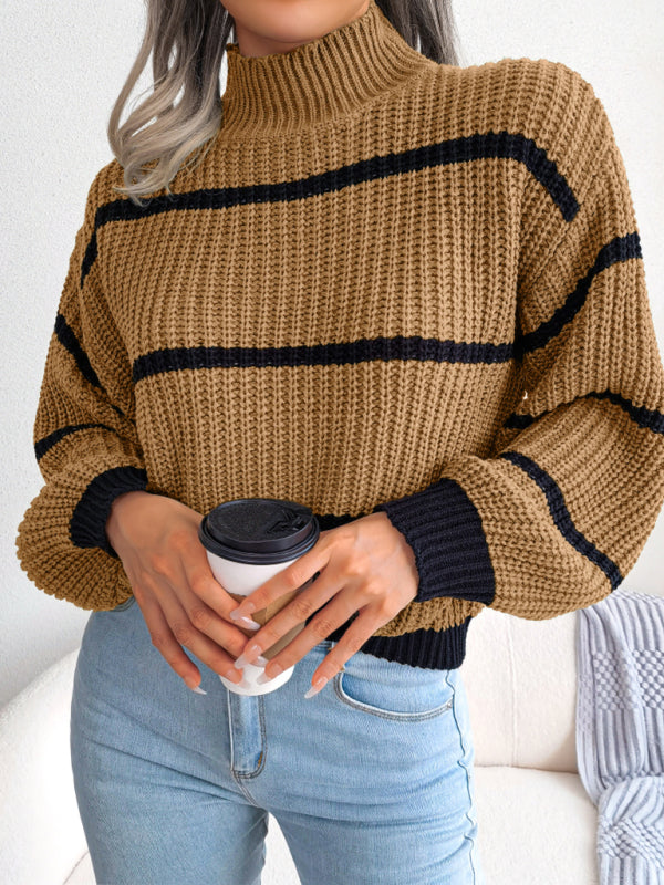 Women's stripe Lantern Sleeve half high neck knitted sweater-[Adult]-[Female]-2022 Online Blue Zone Planet