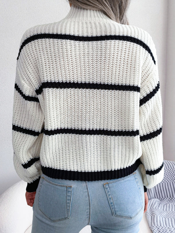 Women's stripe Lantern Sleeve half high neck knitted sweater-[Adult]-[Female]-2022 Online Blue Zone Planet