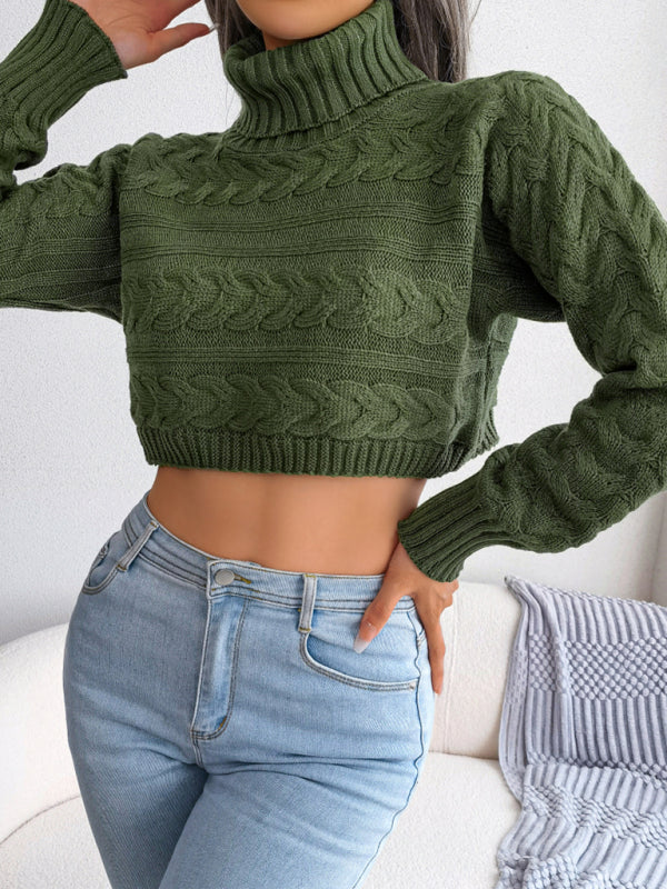 Blue Zone Planet | fried dough twist long sleeve high neck navel revealing knitted sweater-TOPS / DRESSES-[Adult]-[Female]-2022 Online Blue Zone Planet