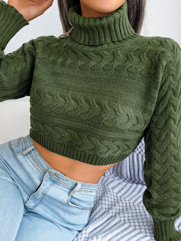 Blue Zone Planet | fried dough twist long sleeve high neck navel revealing knitted sweater-TOPS / DRESSES-[Adult]-[Female]-2022 Online Blue Zone Planet