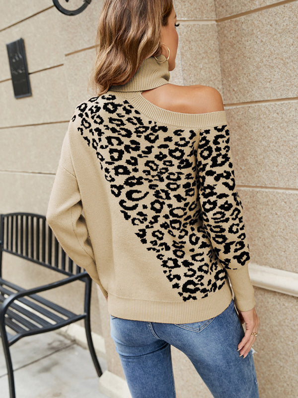 Women's Lapel Leopard Print Sexy Off Shoulder Sweater-[Adult]-[Female]-2022 Online Blue Zone Planet