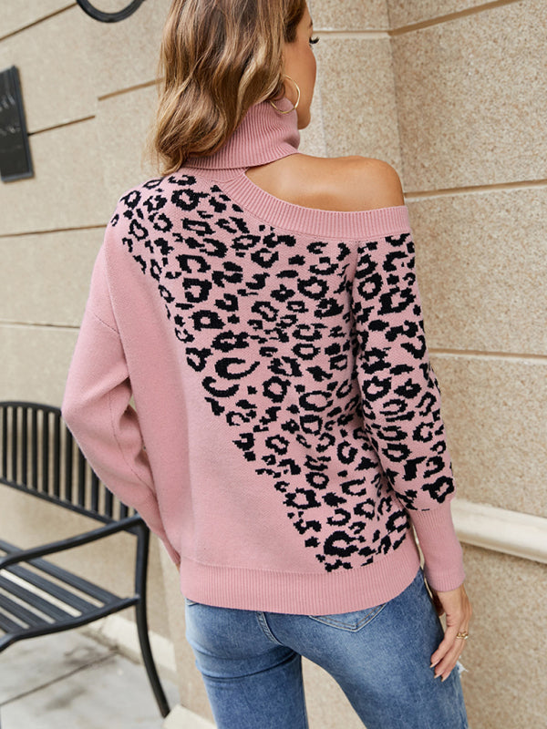 Women's Lapel Leopard Print Sexy Off Shoulder Sweater-[Adult]-[Female]-2022 Online Blue Zone Planet