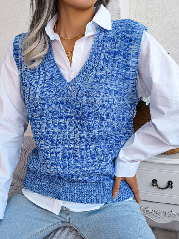 Blue Zone Planet | color fried dough twist V-neck knitted vest Sweater Vest BLUE ZONE PLANET