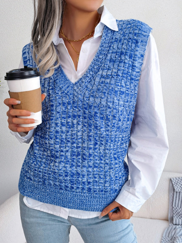 Blue Zone Planet | color fried dough twist V-neck knitted vest Sweater Vest BLUE ZONE PLANET