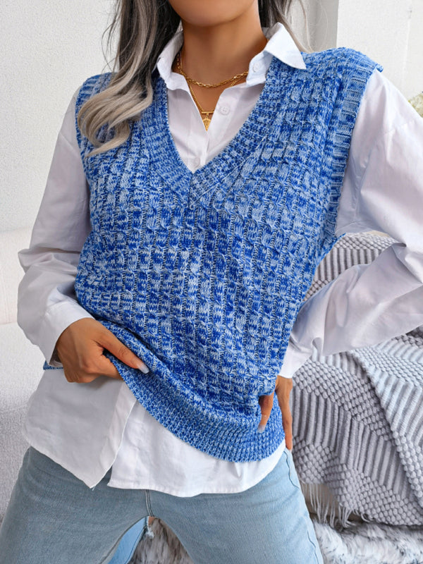 Blue Zone Planet | color fried dough twist V-neck knitted vest Sweater Vest BLUE ZONE PLANET