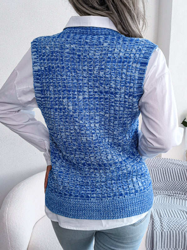 Blue Zone Planet | color fried dough twist V-neck knitted vest Sweater Vest BLUE ZONE PLANET