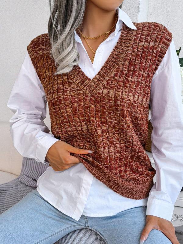 Blue Zone Planet | color fried dough twist V-neck knitted vest Sweater Vest BLUE ZONE PLANET