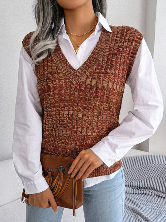 Blue Zone Planet | color fried dough twist V-neck knitted vest Sweater Vest BLUE ZONE PLANET