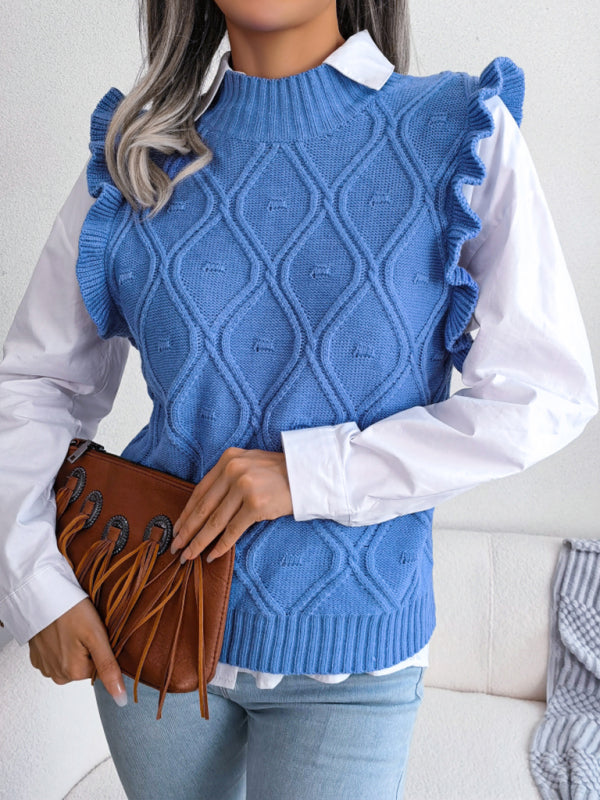 Blue Zone Planet |  Sienna's Frilled Shoulder Sleeveless Diamond Knitted Vest BLUE ZONE PLANET