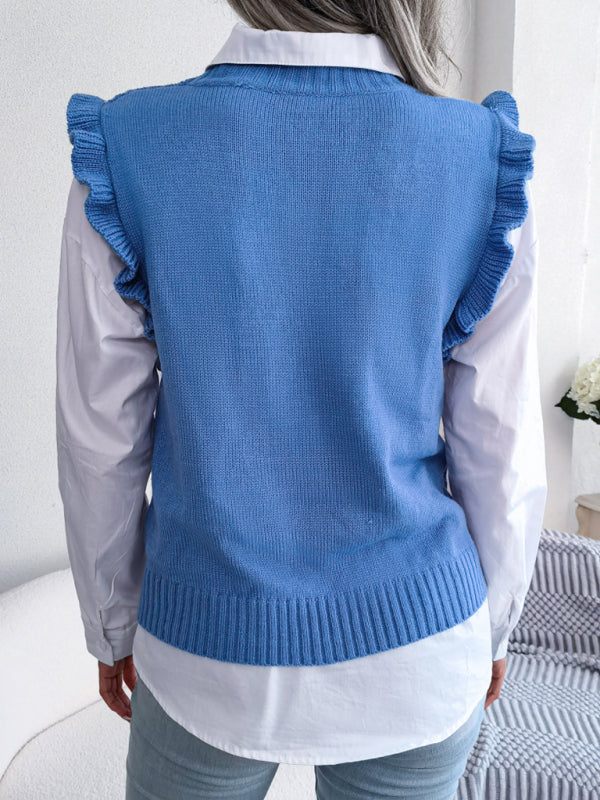 Blue Zone Planet |  Sienna's Frilled Shoulder Sleeveless Diamond Knitted Vest BLUE ZONE PLANET