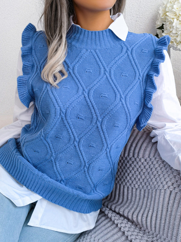 Blue Zone Planet |  Sienna's Frilled Shoulder Sleeveless Diamond Knitted Vest BLUE ZONE PLANET