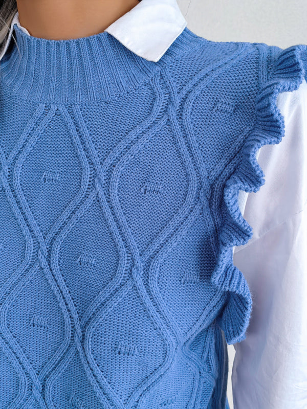 Blue Zone Planet |  Sienna's Frilled Shoulder Sleeveless Diamond Knitted Vest BLUE ZONE PLANET