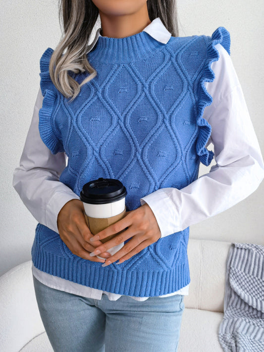 Blue Zone Planet |  Sienna's Frilled Shoulder Sleeveless Diamond Knitted Vest BLUE ZONE PLANET