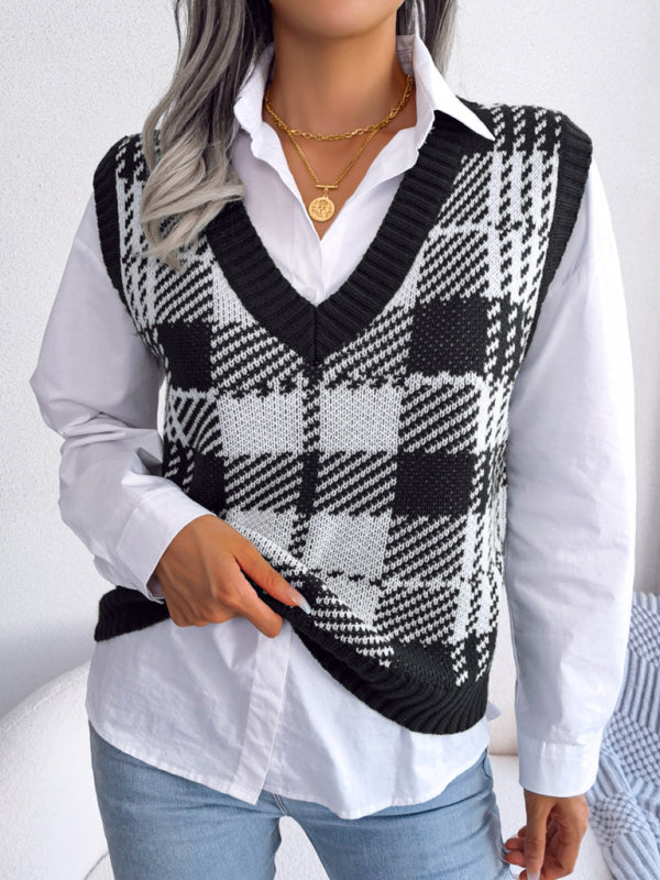 Blue Zone Planet | casual contrast color Plaid knitted vest Sweater Vest BLUE ZONE PLANET